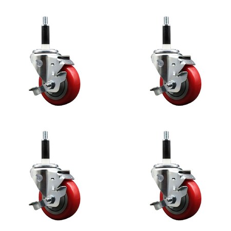 Service Caster 3.5'' Red Poly Swivel 7/8'' Expanding Stem Caster Set with Brake, 4PK SCC-EX20S3514-PPUB-RED-TLB-78-4